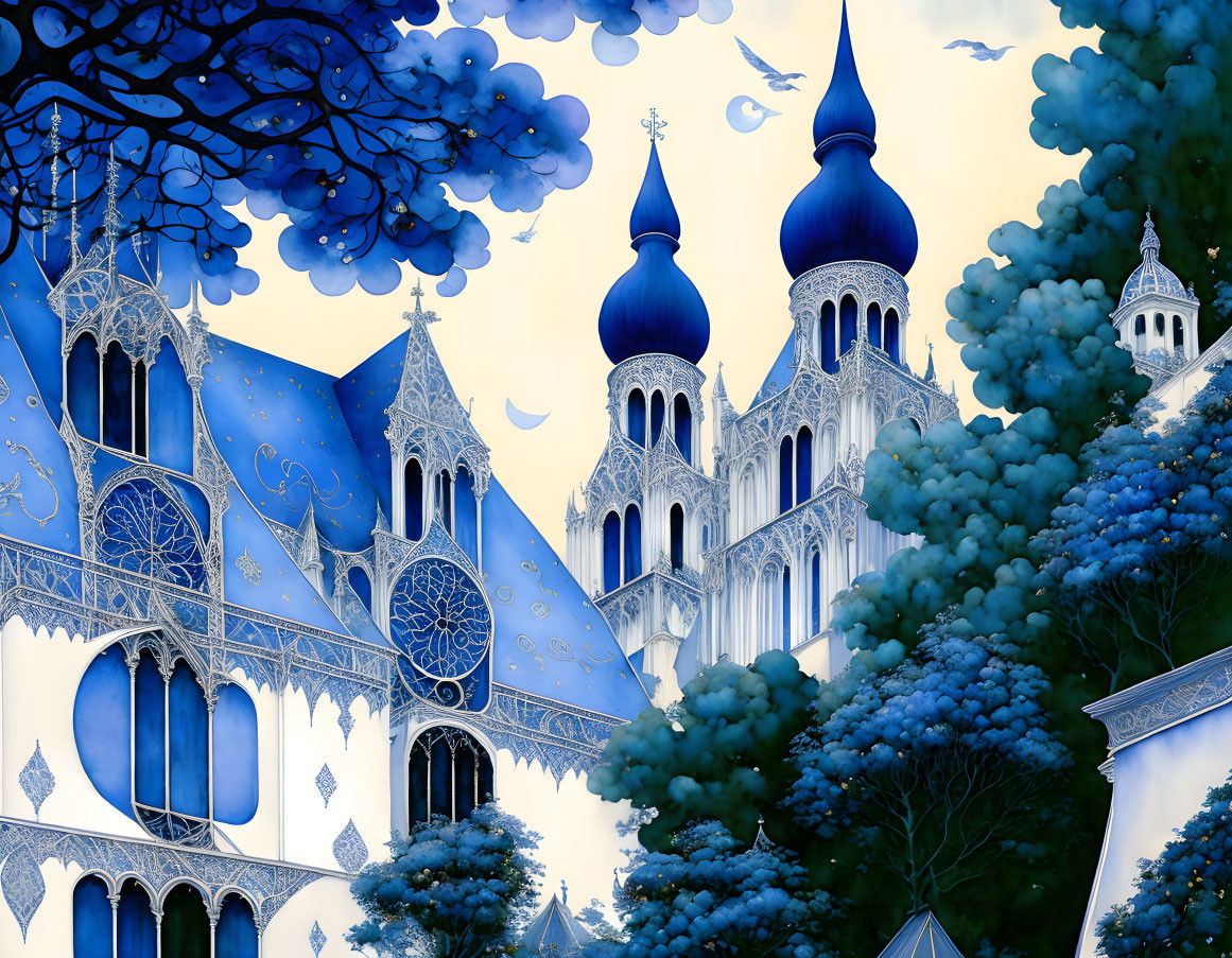 Fantasy cathedral illustration with blue domes in lush nature