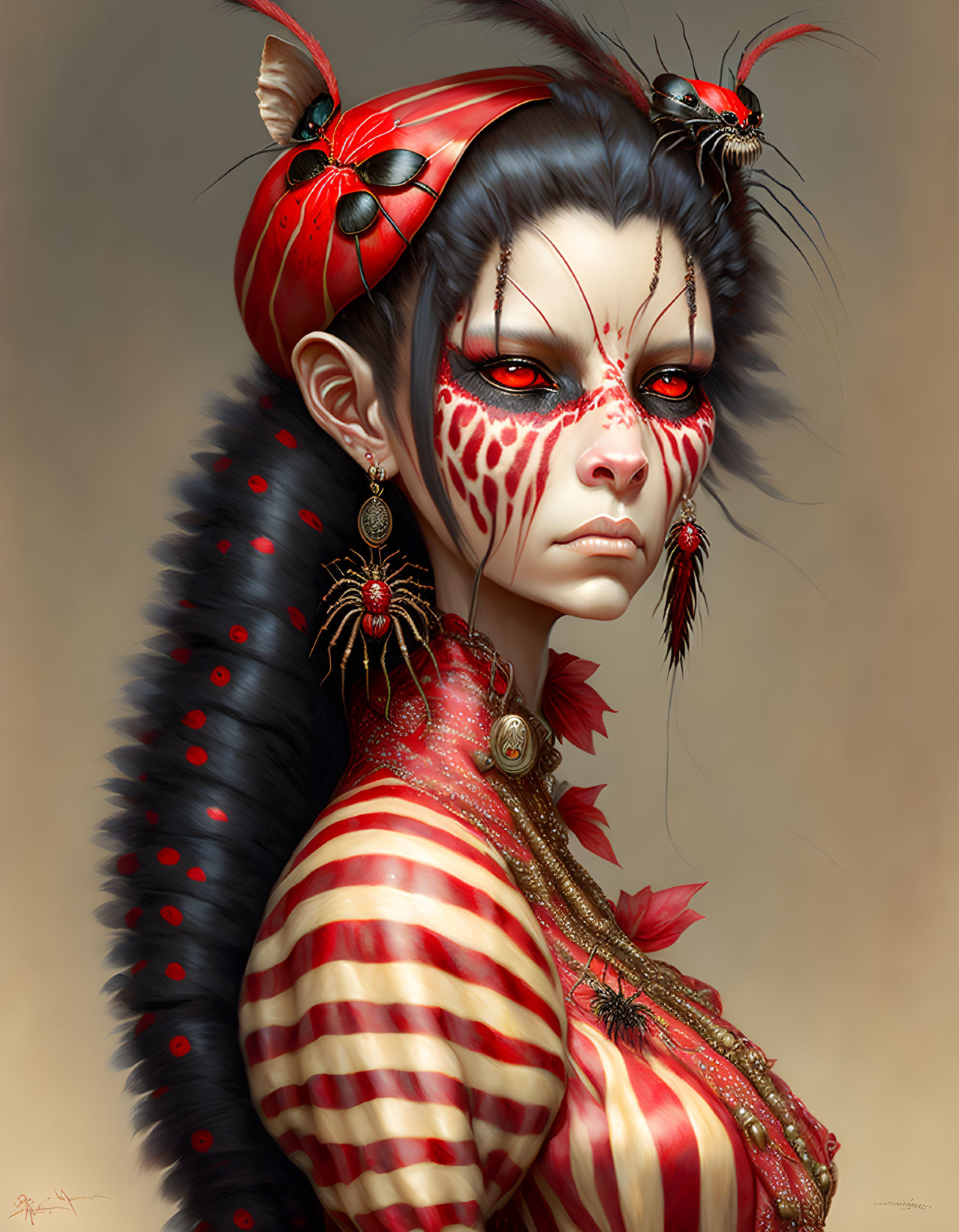 Fantasy illustration: Female with red & white body paint, feline features, bandana, spiders