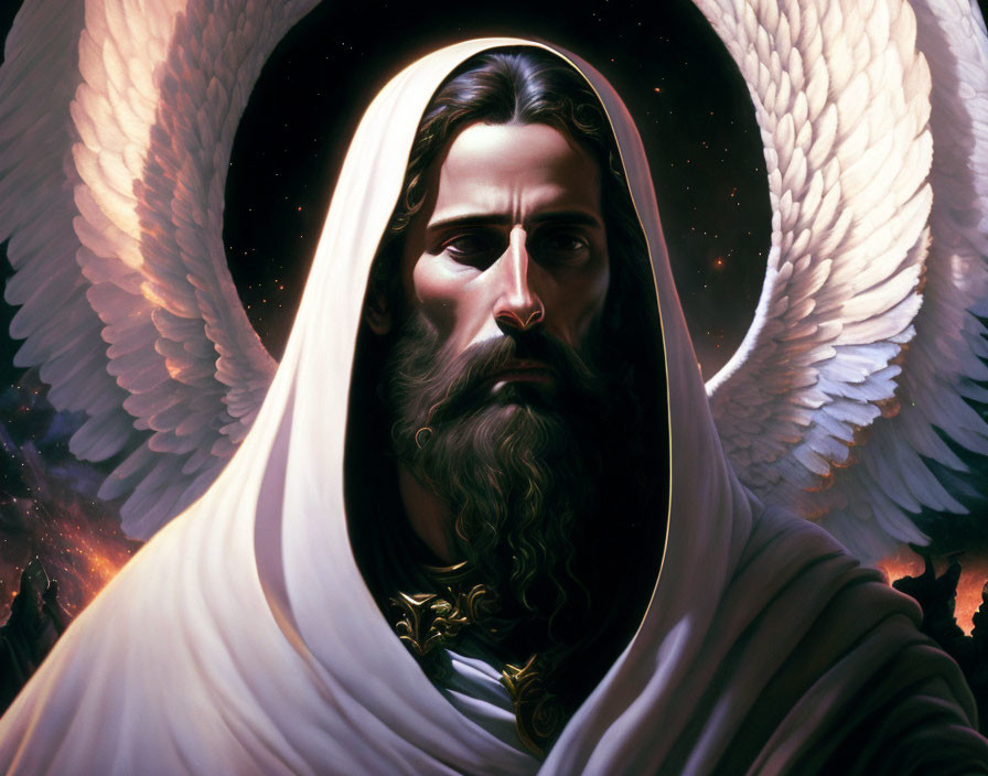 Figure with Angelic Wings in White Robe Against Dark Cosmic Backdrop