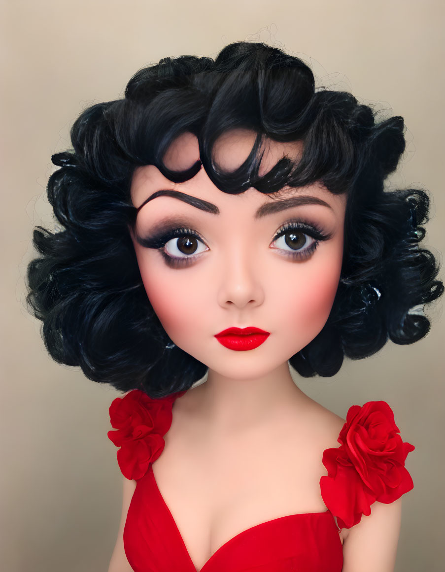 Portrait of woman with black curls, doe eyes, red lipstick & flower accents