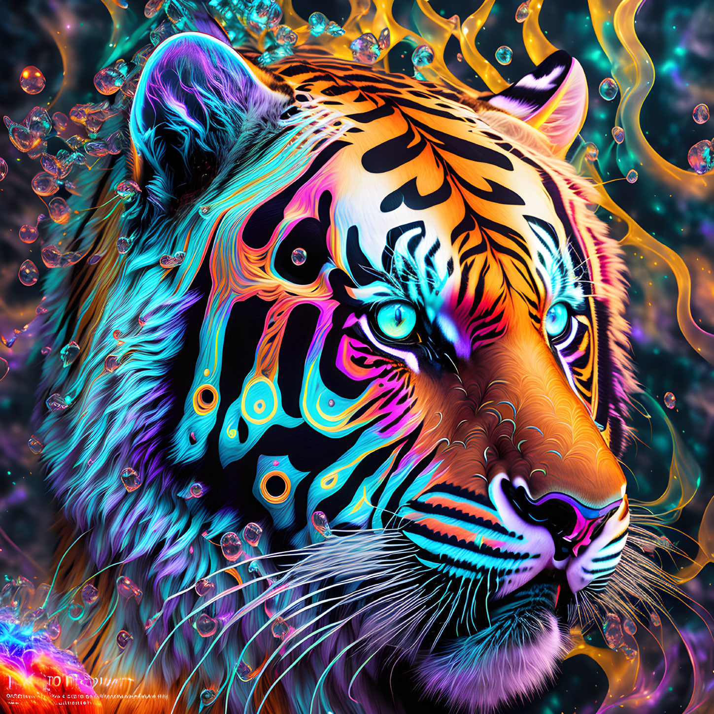 Colorful Tiger Artwork with Psychedelic Patterns and Abstract Background