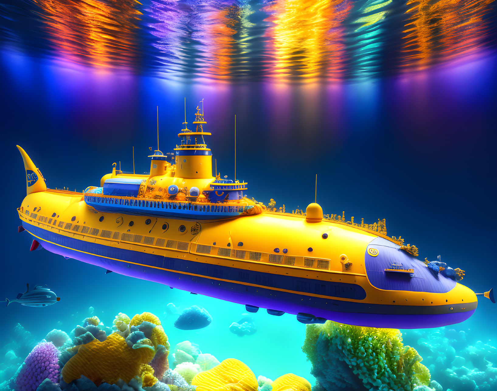 Colorful Underwater Scene with Yellow Submarine and Marine Life