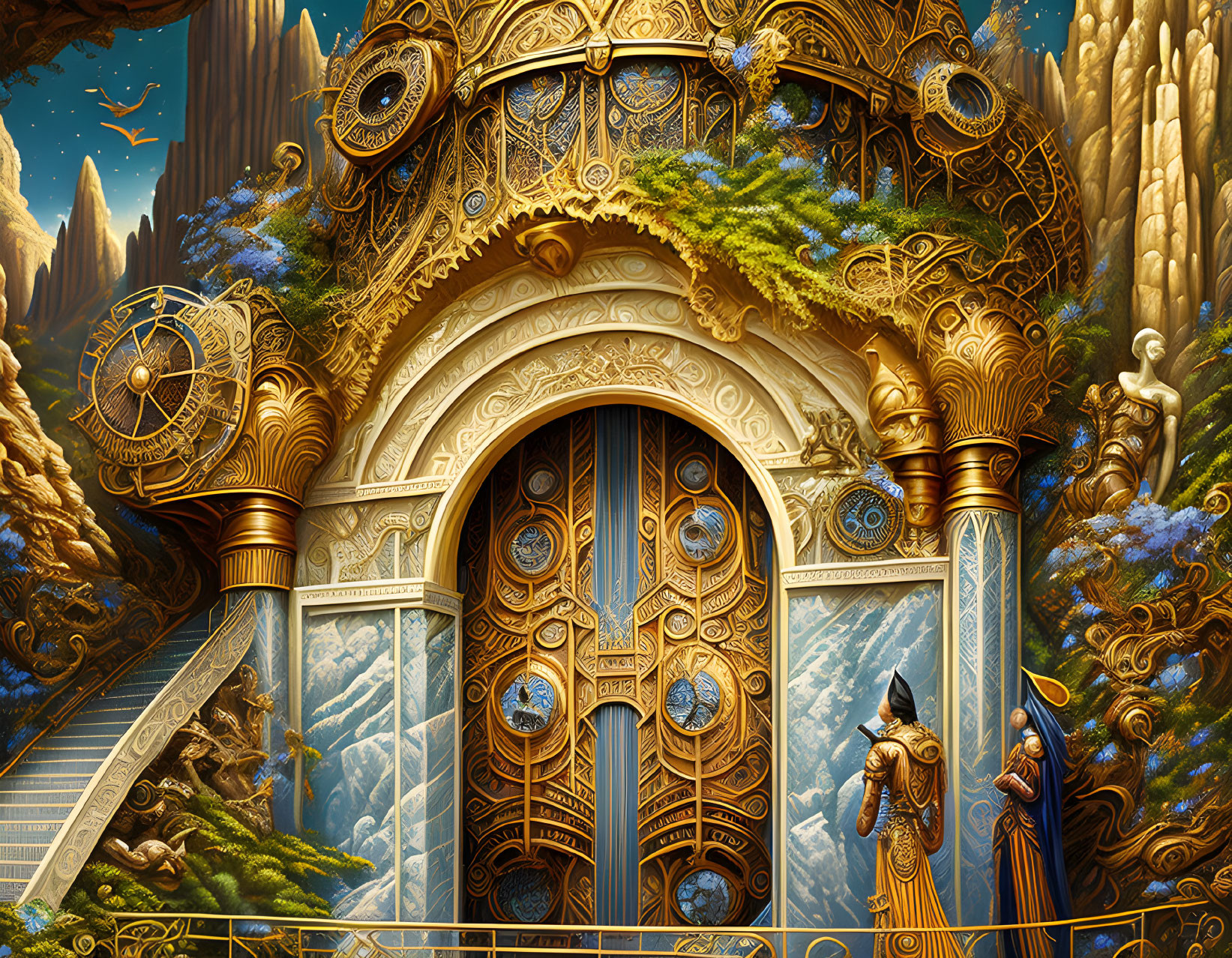 Golden fantasy door with statues and cloaked figure in mountain forest scene