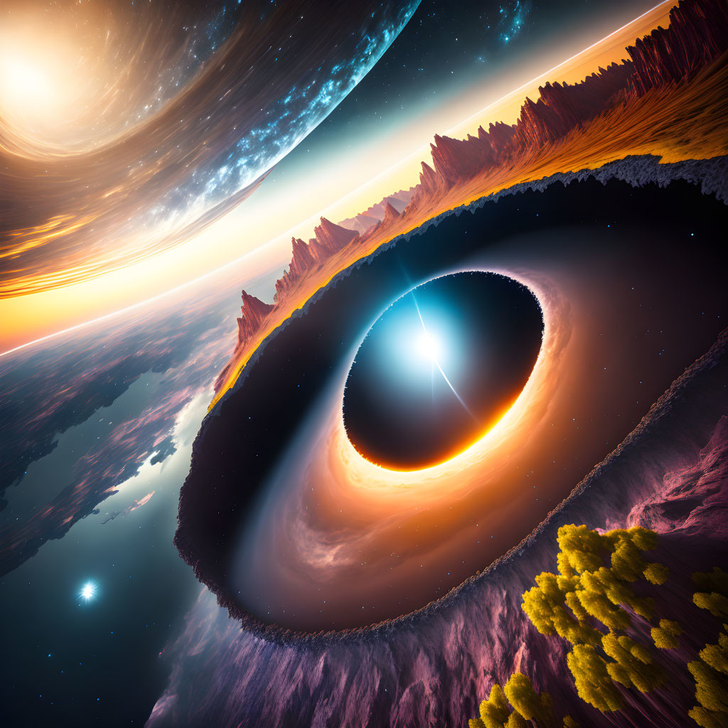 Surreal sci-fi landscape with black hole, glowing accretion disk, rocky cliffs, trees