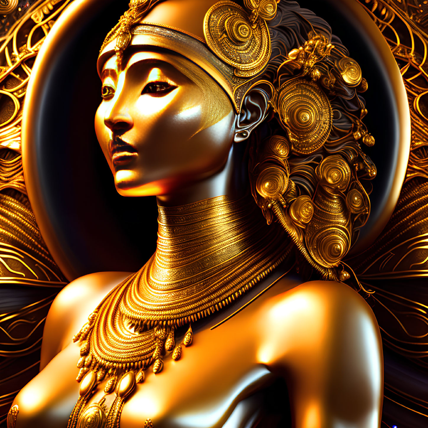 Golden female figure with ornate headgear and jewelry on symmetrical background