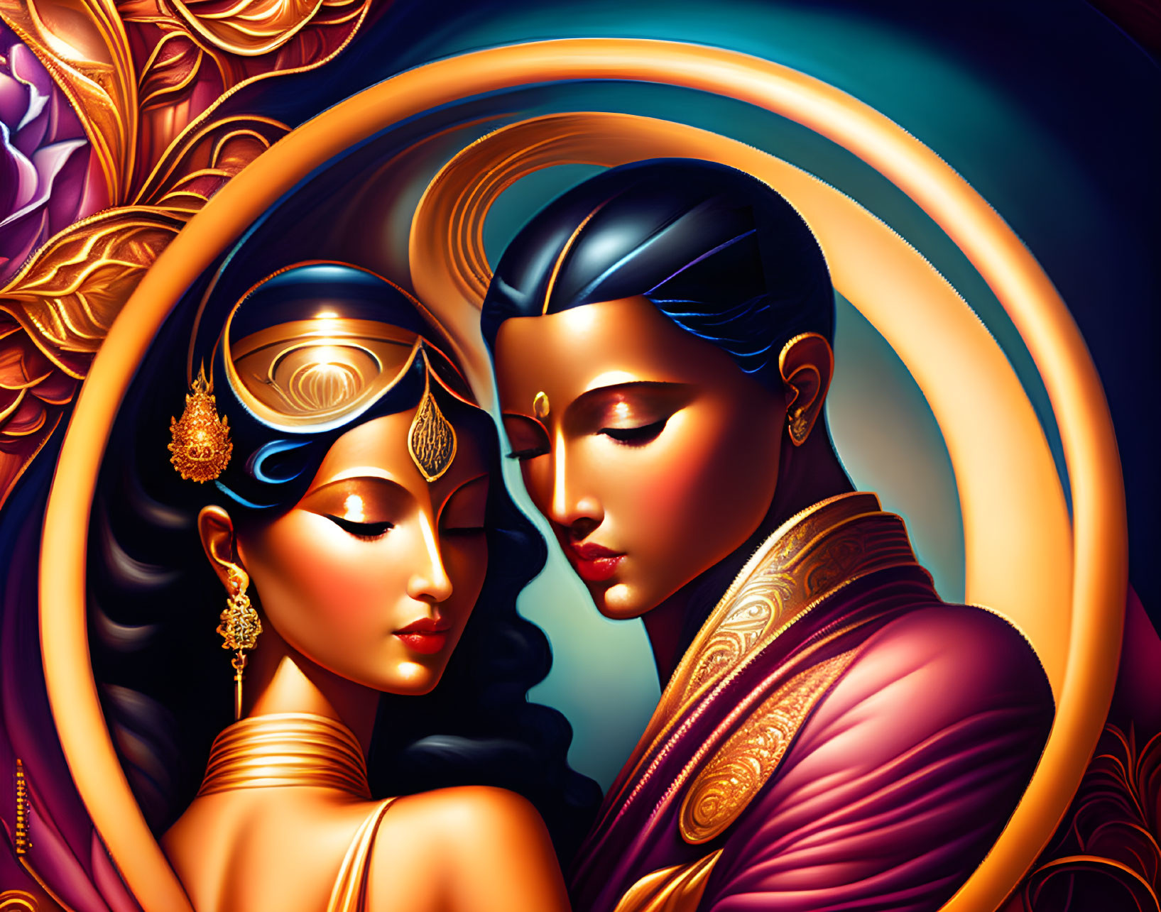 Vibrant digital artwork of man and woman in traditional attire