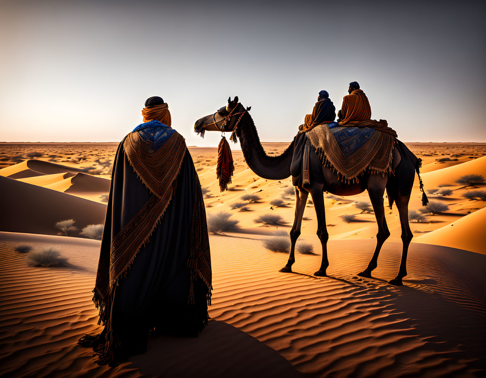 Three individuals on a camel ride at sunset in traditional desert attire