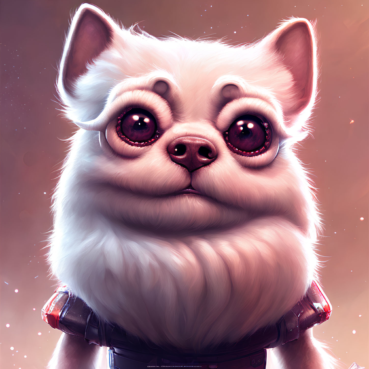 Wide-eyed fluffy dog with sci-fi collar in starry background