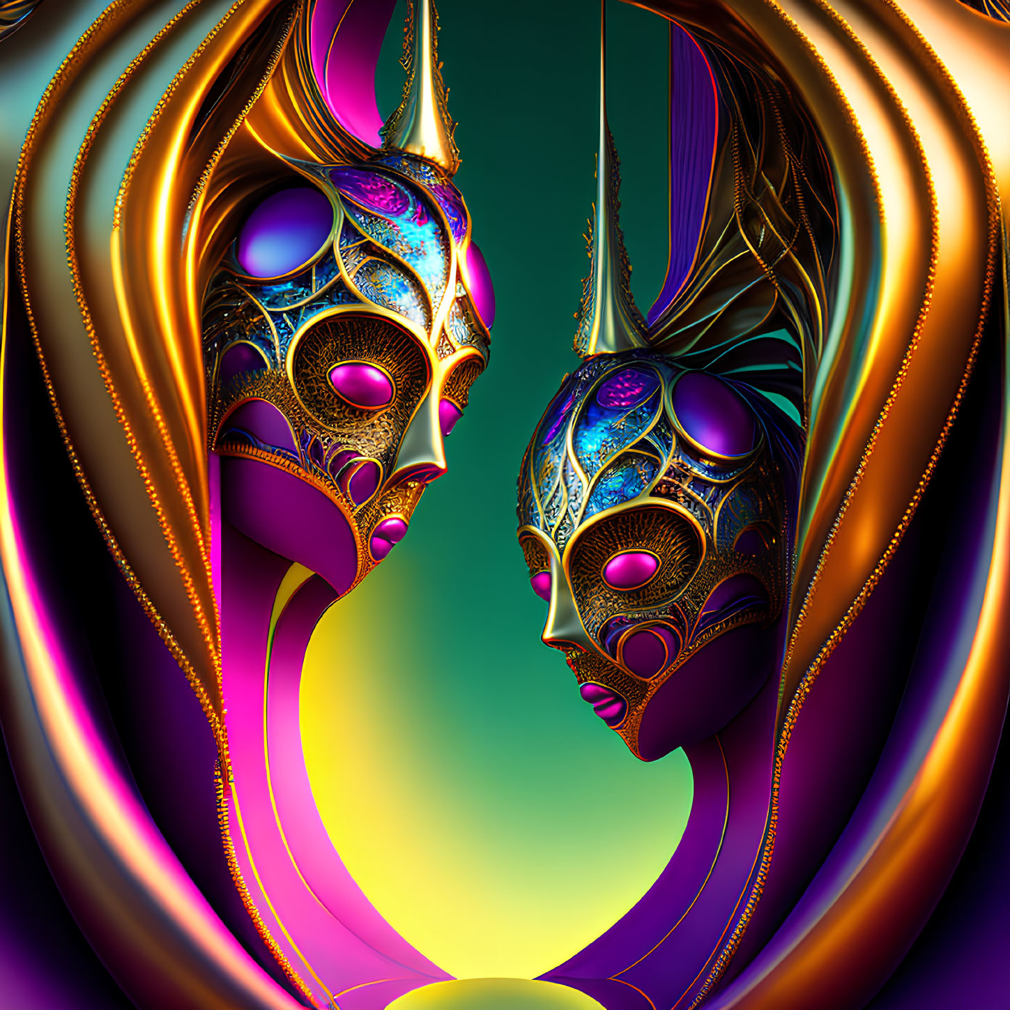 Colorful metallic masks with intricate designs on swirling background