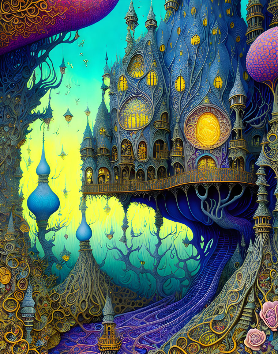 Colorful fantasy artwork of intricate castle against whimsical backdrop