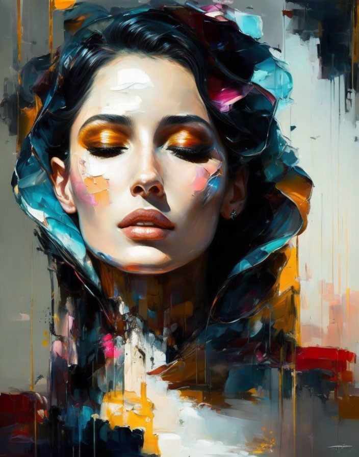 Abstract portrait of a woman with closed eyes in vibrant gold, blue, and pink tones.