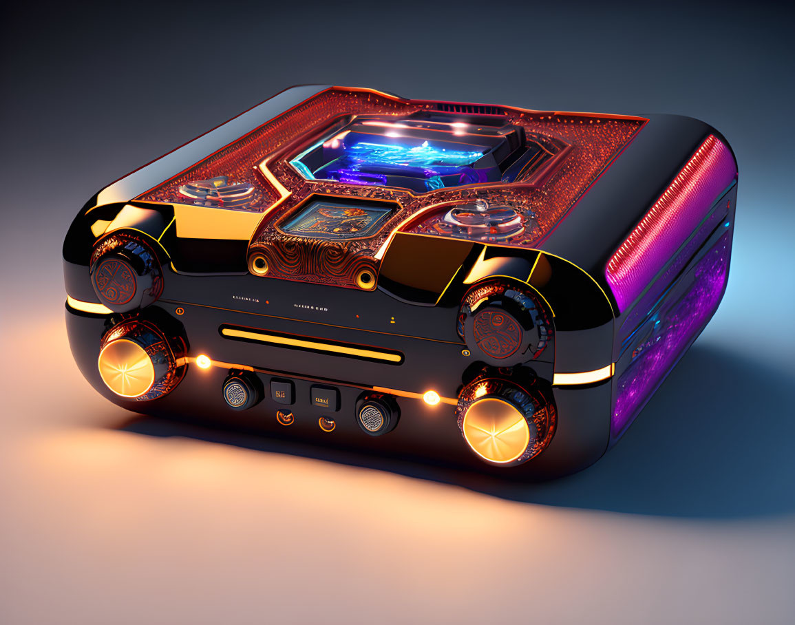 Intricate futuristic device with glowing neon accents