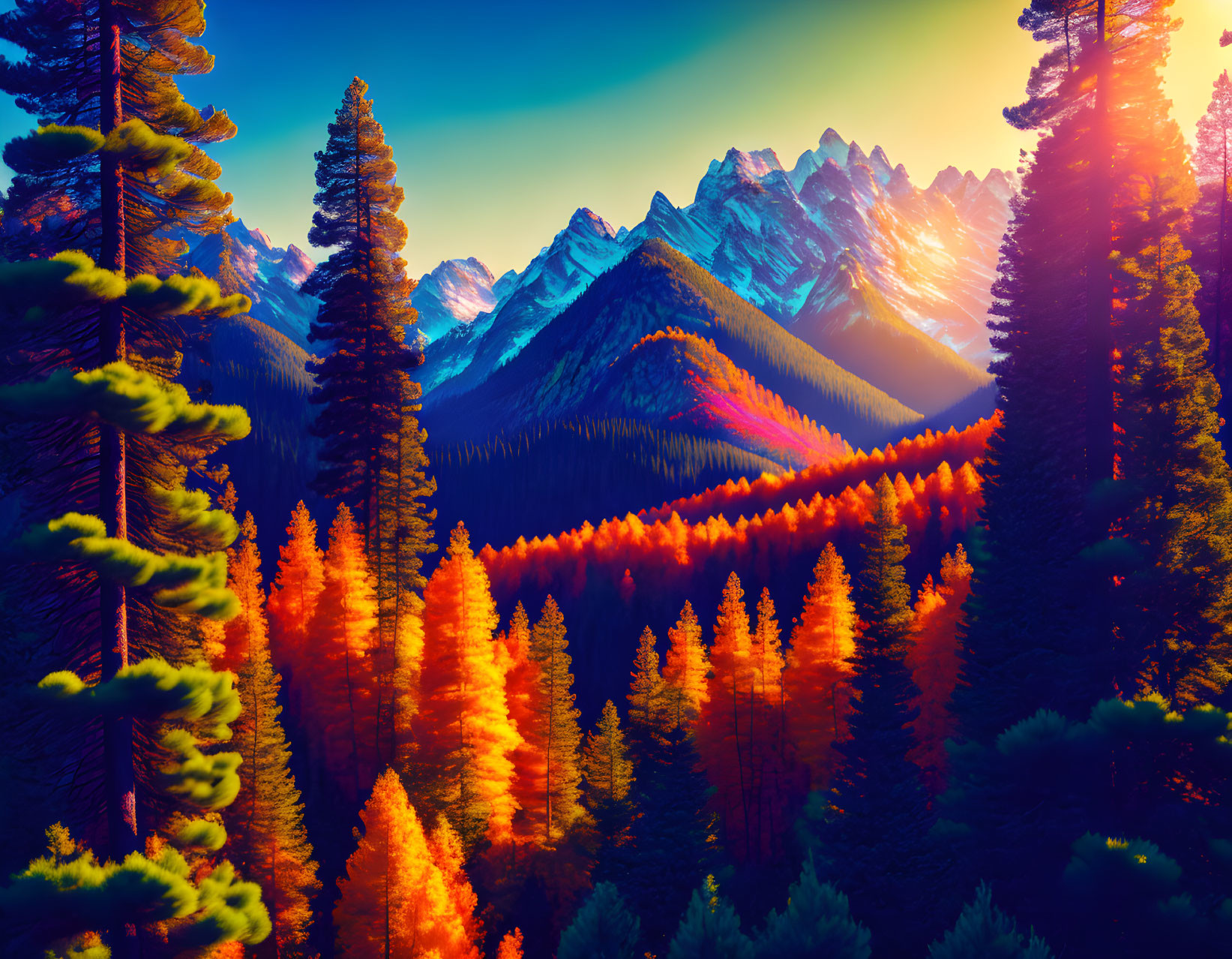 Fiery-colored foliage, coniferous trees, snow-capped mountains in autumn landscape