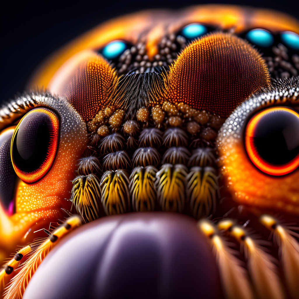 Detailed view of jumping spider's colorful eyes and hairy face.