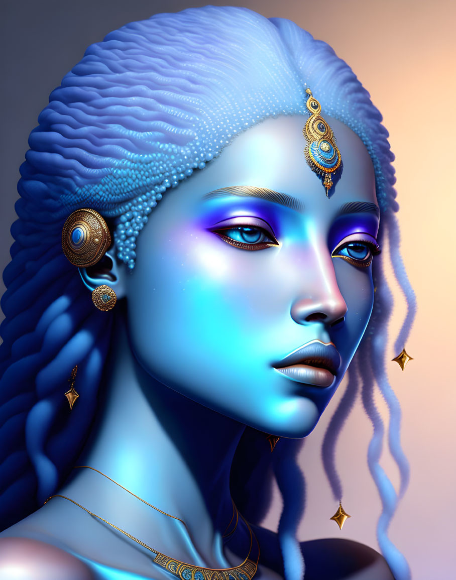 Blue-skinned woman with gold jewelry and wavy headdress on gradient background