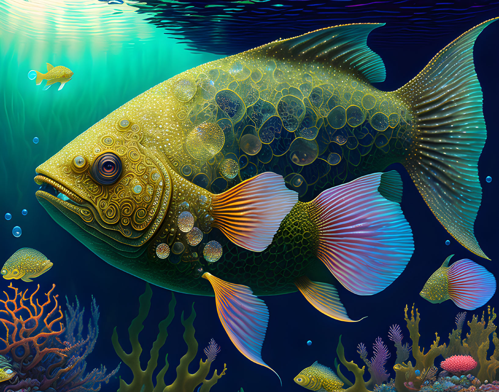 Colorful underwater scene with ornate fish and marine life