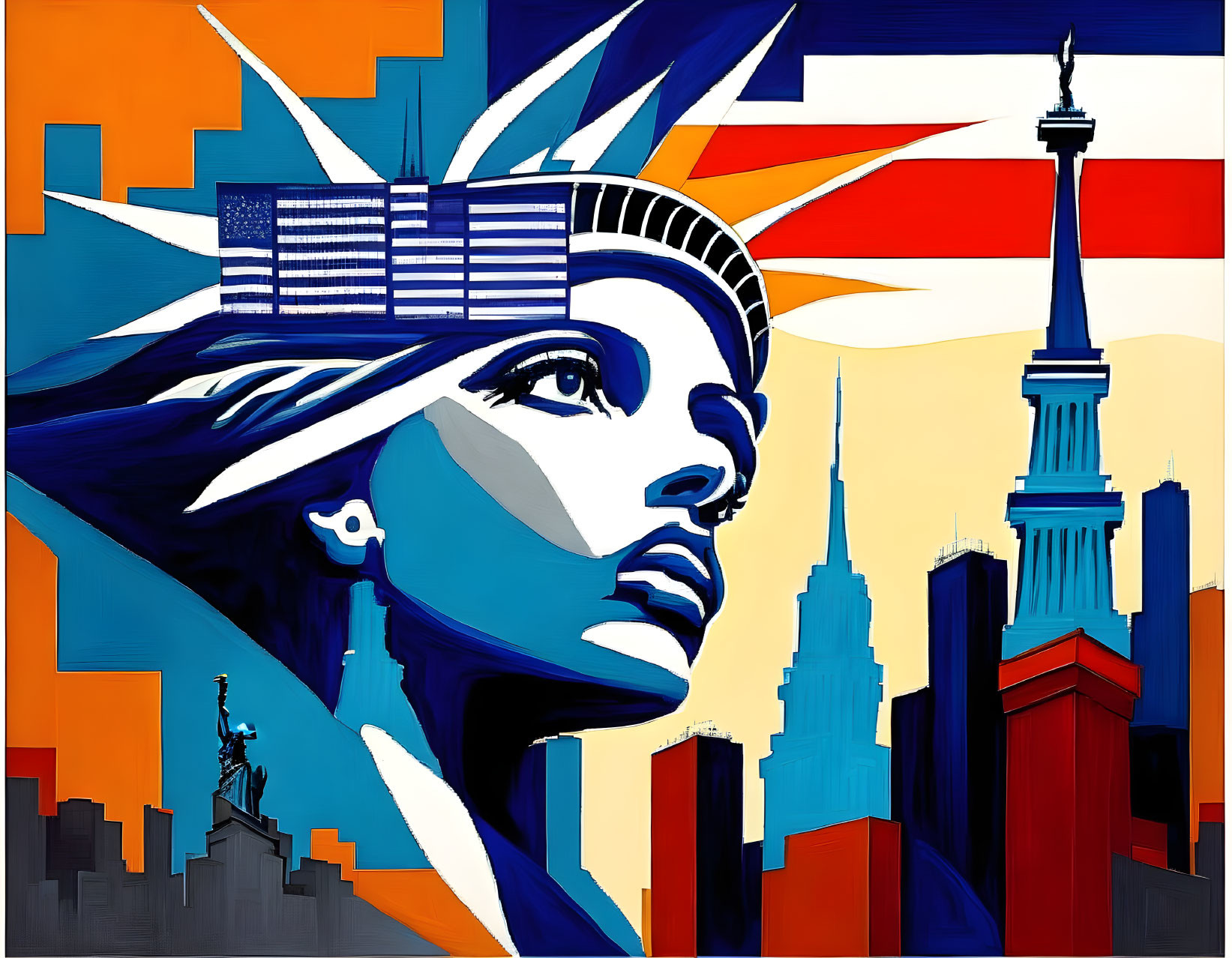 Colorful Geometric Statue of Liberty Illustration with Skyscrapers