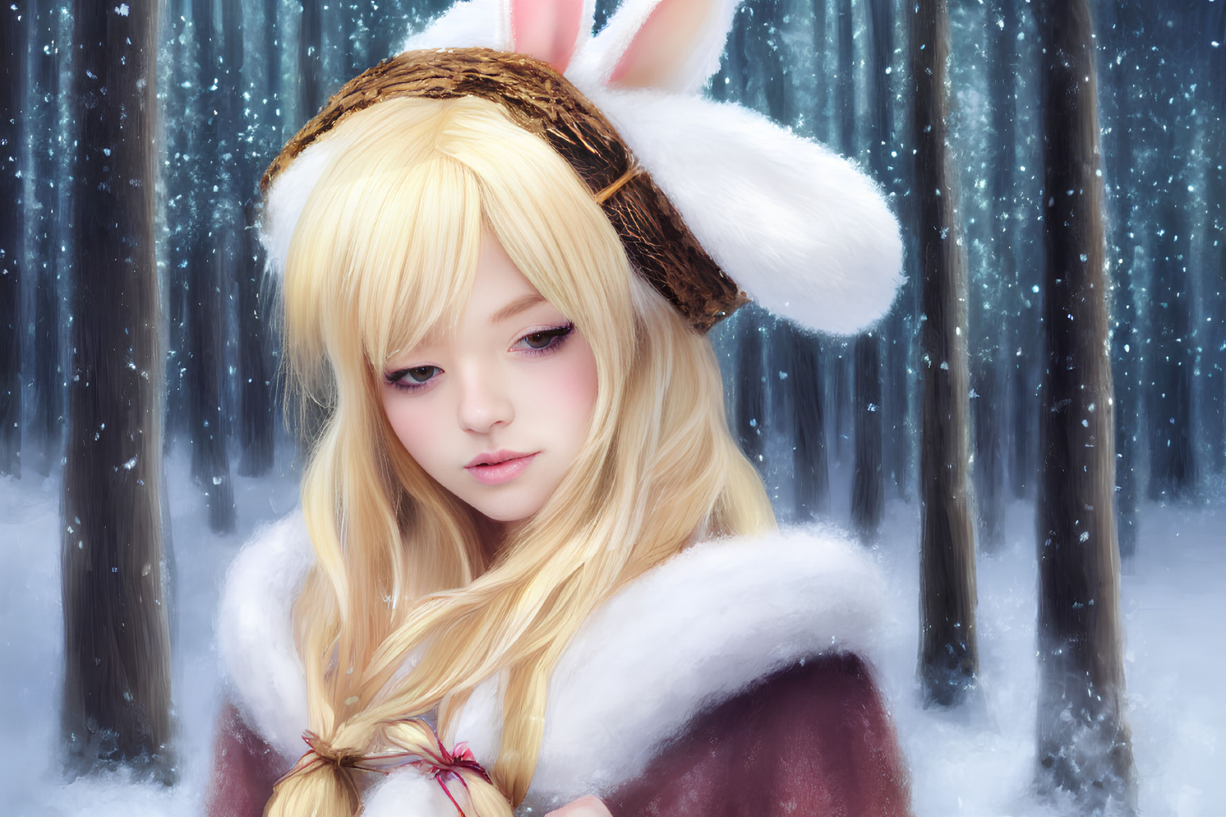 Blond individual with bunny ears in snowy forest wearing white fur coat