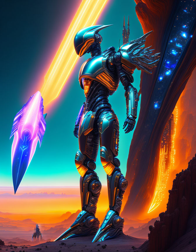 Armored warrior with glowing spear on alien landscape