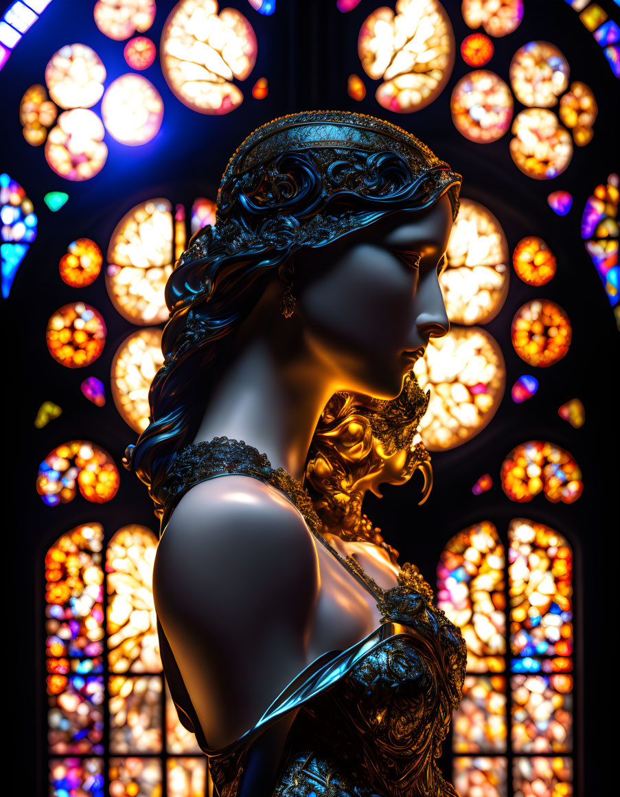 Intricately detailed golden statue near vibrant stained glass window