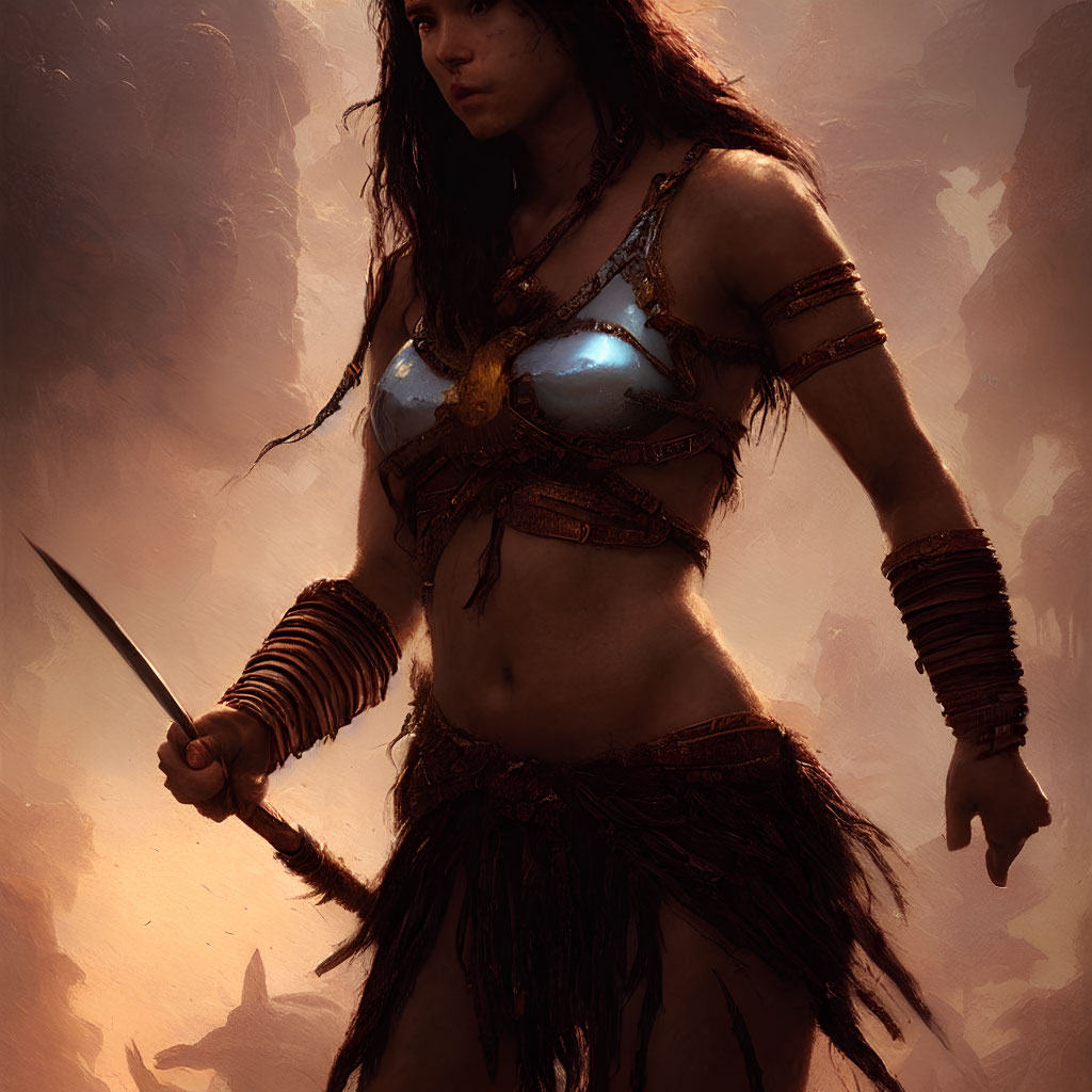 Warrior woman in metallic armor with dagger in warm-toned backdrop