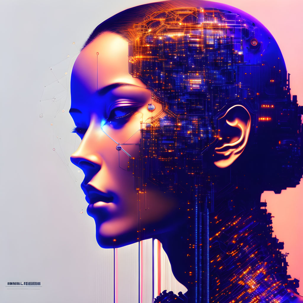 Digital artwork: Female humanoid profile with glowing circuitry on pastel backdrop