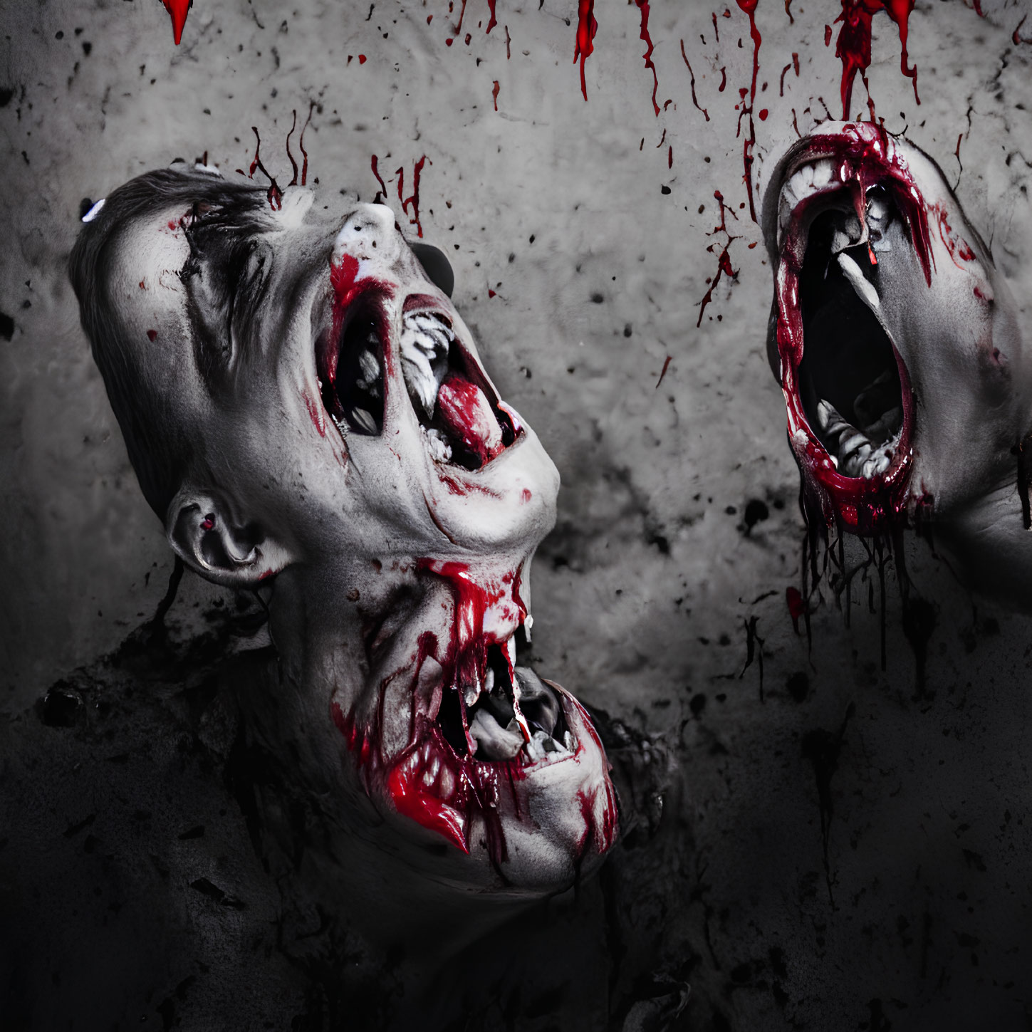 Exaggerated theatrical horror masks splattered with red on dark background