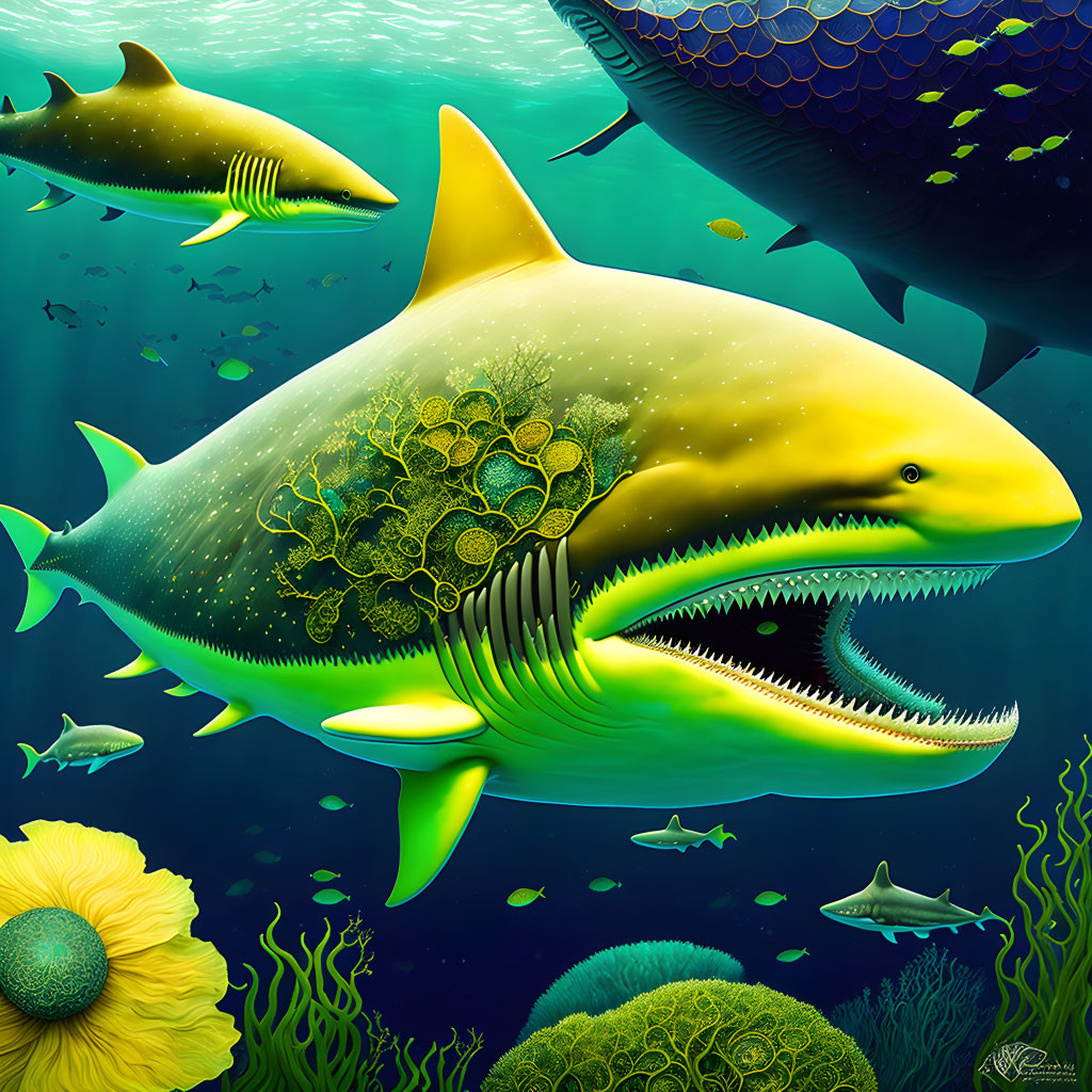 Colorful Underwater Scene Featuring Stylistic Yellow Shark