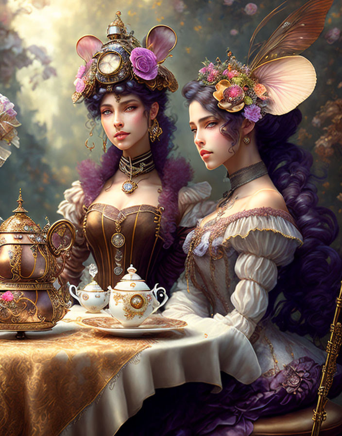 Fantasy Characters in Victorian Attire Enjoying Tea Party