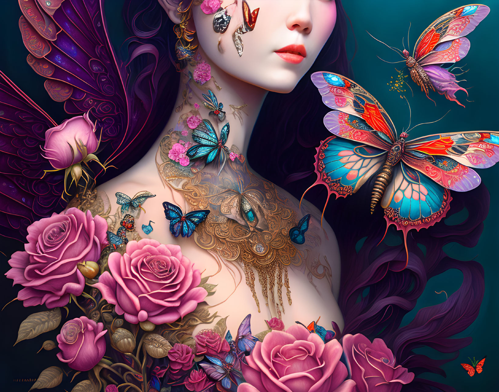 Colorful Artwork of Woman with Butterfly Tattoos, Roses, and Teal Background