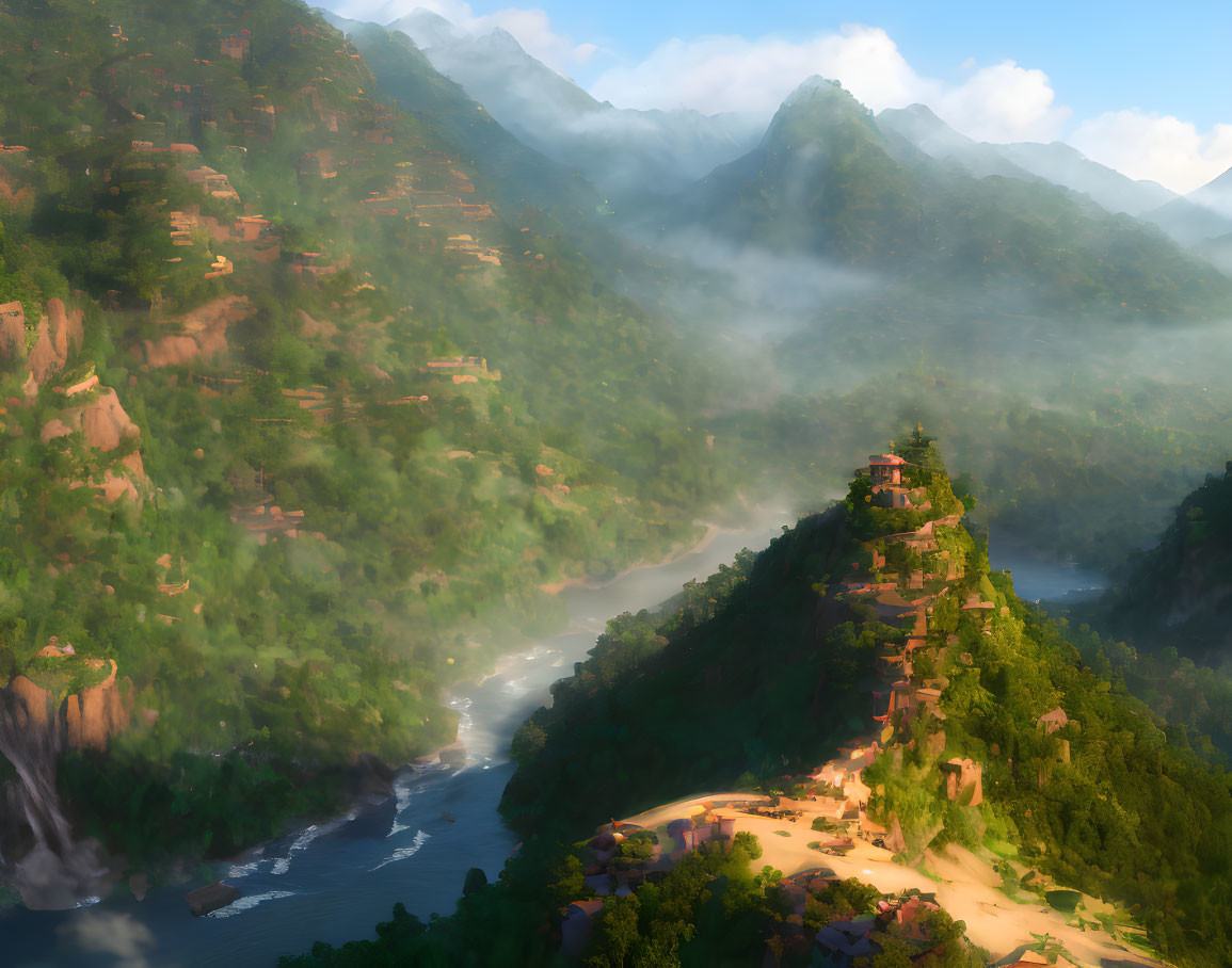 Misty river landscape with forest, hilltop buildings, mountains