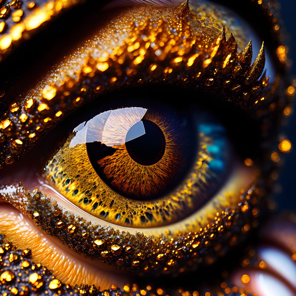 Eye with Golden Glitter and Deep Blue Iris in Close-up