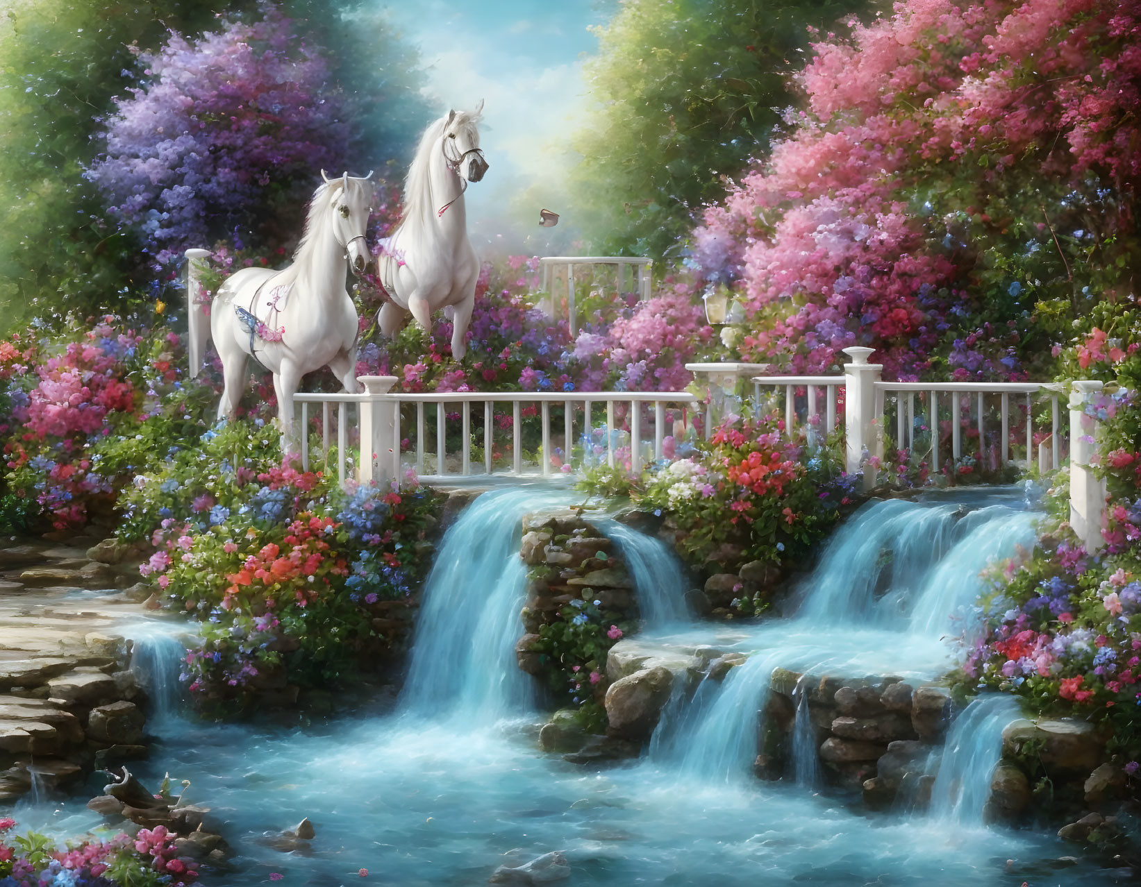 White horses near waterfall in vibrant garden setting