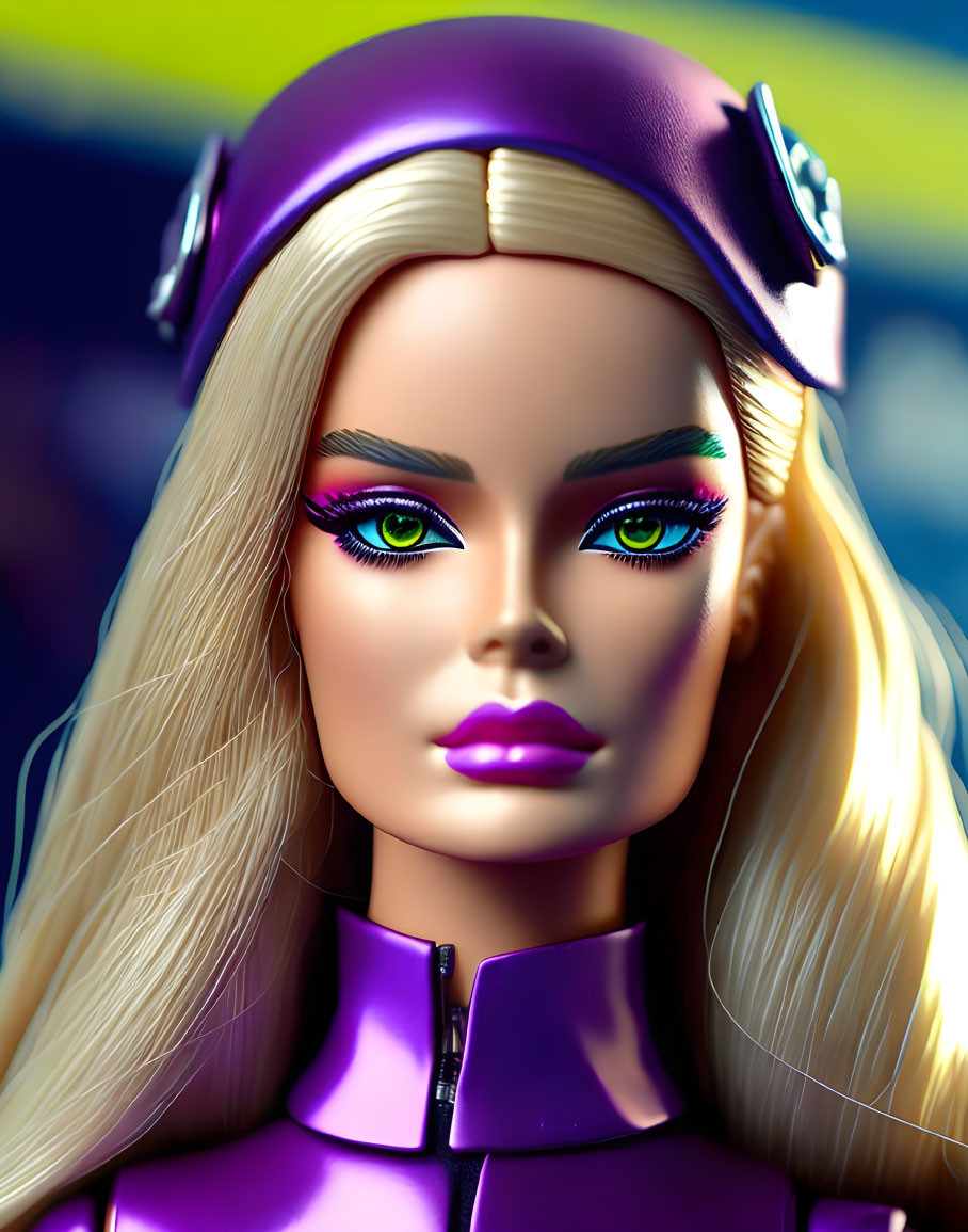 Portrait of woman with blonde hair, green eyes, purple outfit