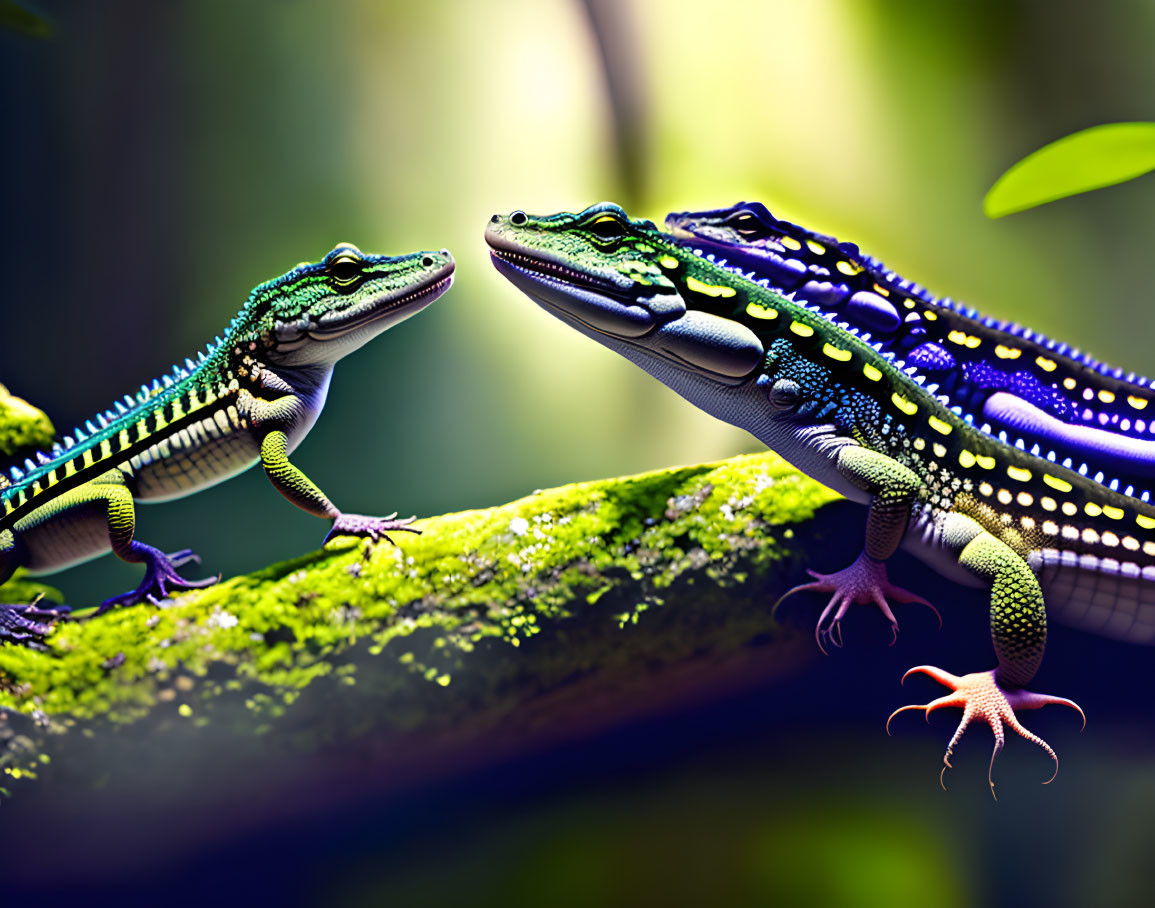 Vibrantly colored digitally enhanced lizards on a branch