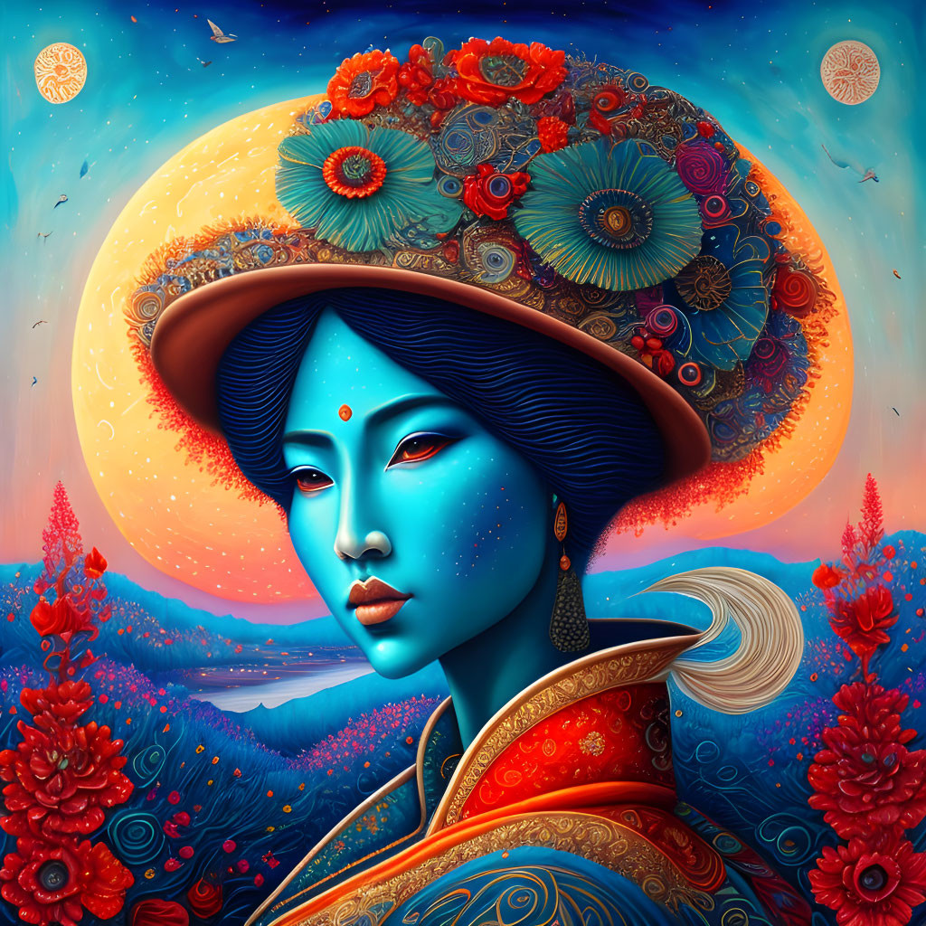 Colorful Illustration of Woman with Blue Skin and Ornate Headgear