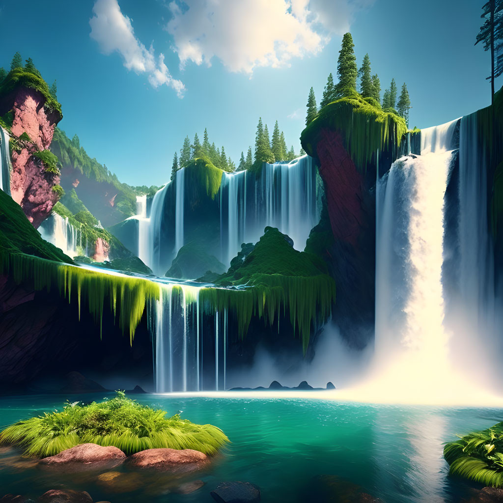 Tranquil waterfalls, lush cliffs, and turquoise lake in serene ecosystem