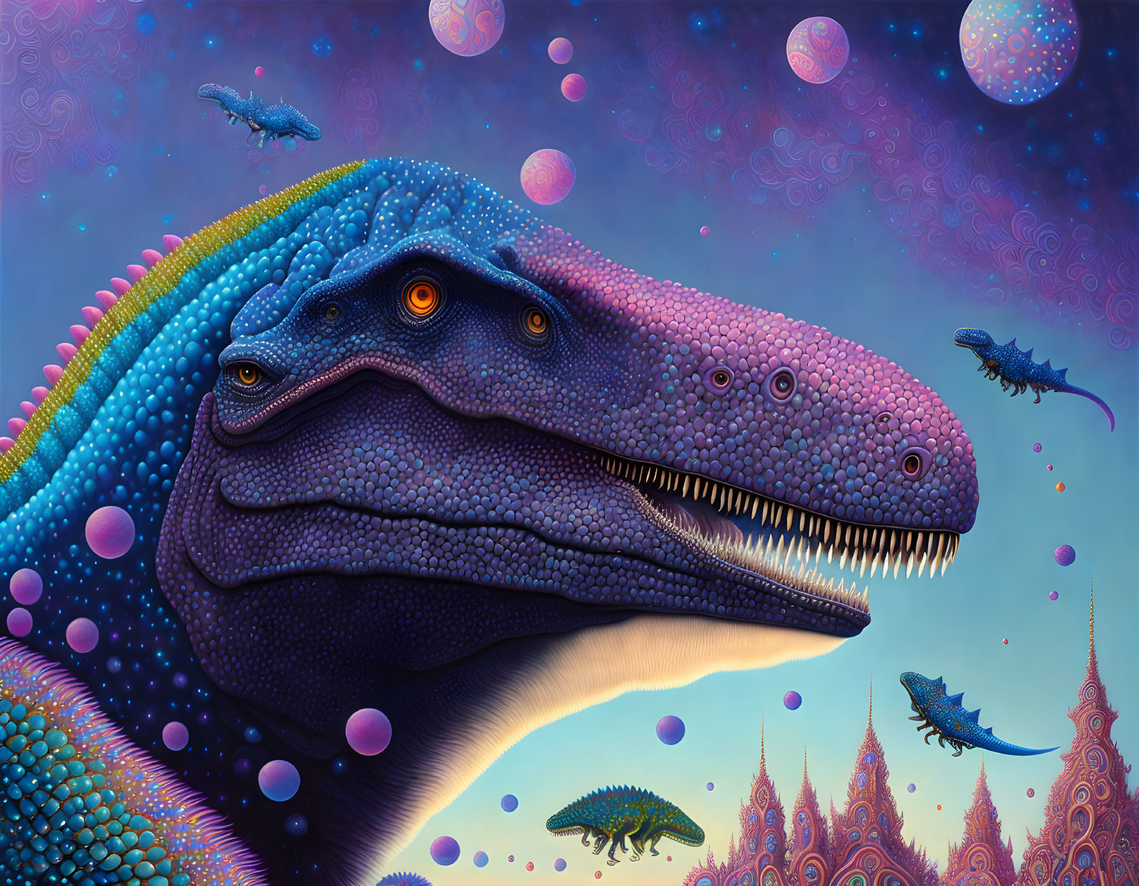 Colorful Fantasy Art: Large Dinosaur Creature in Dreamy Sky