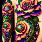 Vibrant rose and butterfly arm tattoo with ornate patterns in violet, green, and gold.