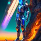 Armored warrior with glowing spear on alien landscape