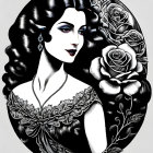 Monochrome woman portrait with wavy hair, red lips, lace dress, roses in oval floral frame