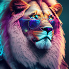 Colorful anthropomorphic lion illustration with blue and orange mane and cosmic jewelry.