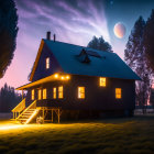 Red barn house under starry night sky with glowing eclipse