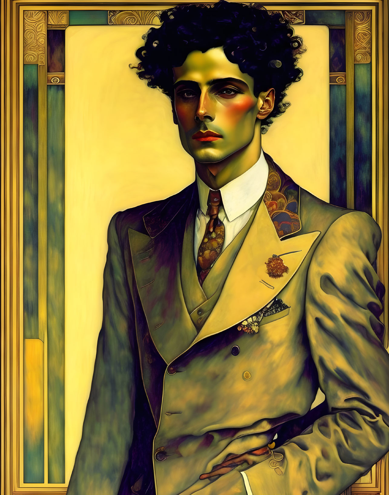 Stylish man in double-breasted suit with Art Nouveau borders