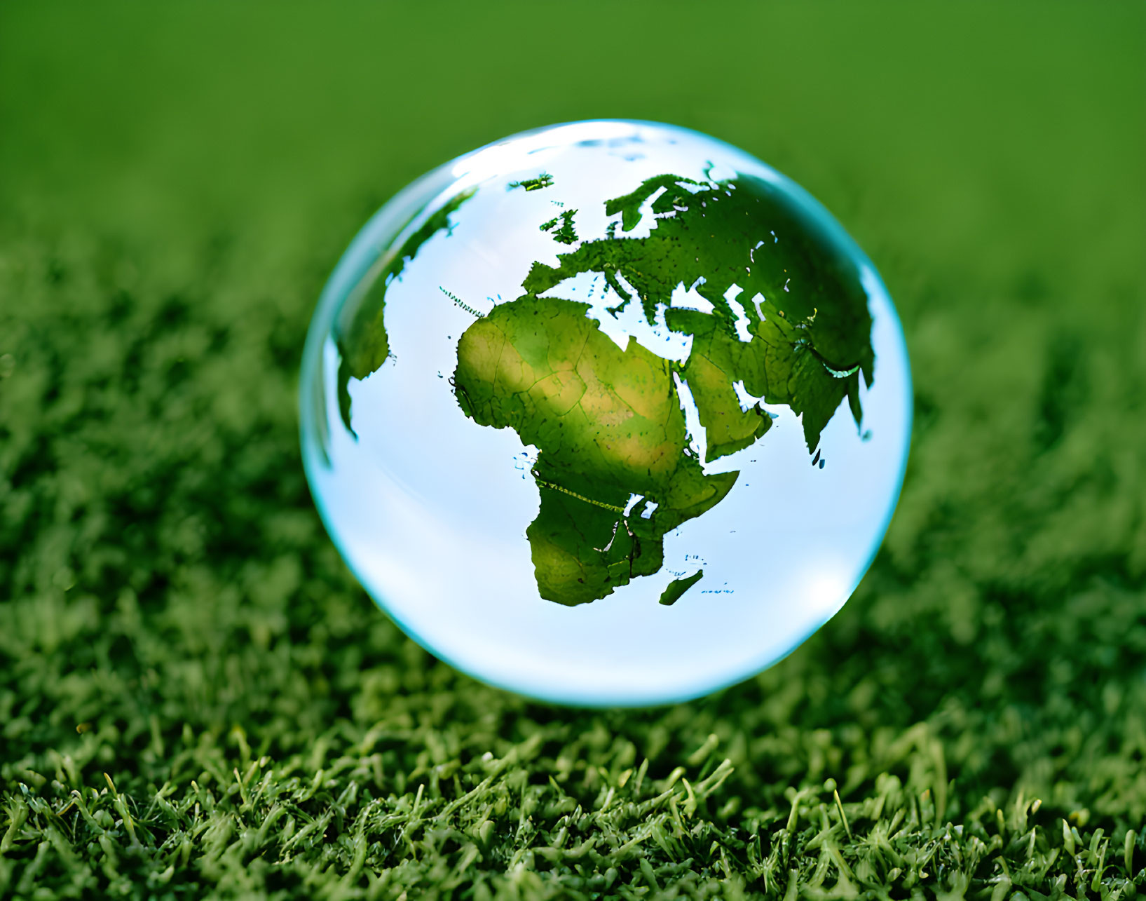 Crystal globe with world map on green grass, highlighting Europe and Africa.