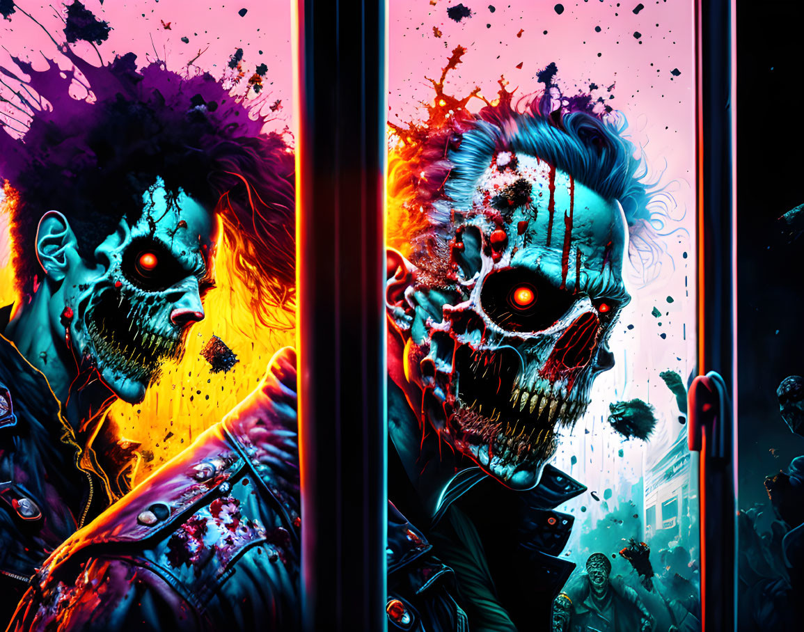 Stylized zombie artwork: Two fiery-eyed figures, chaotic horde background