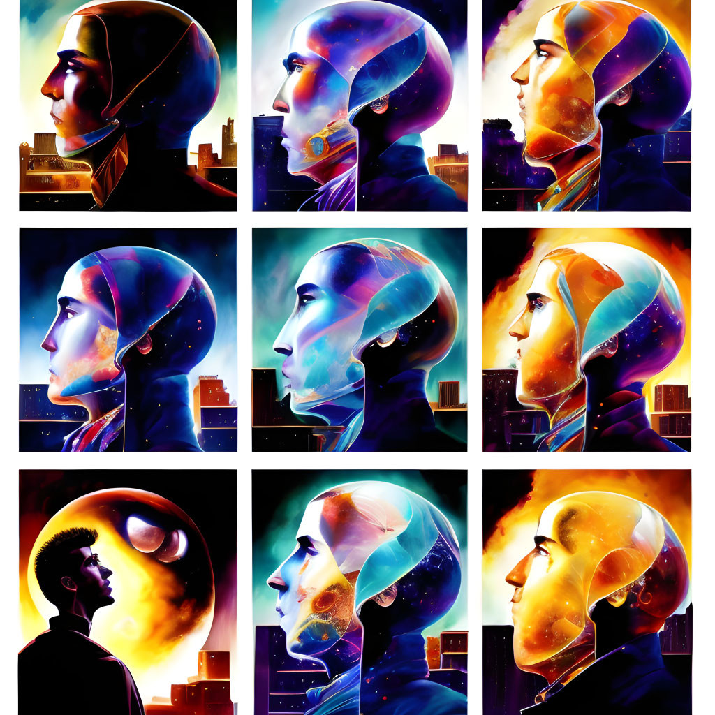 Nine Stylized Portrait Collage with Cosmic and Urban Backgrounds in Vibrant Colors