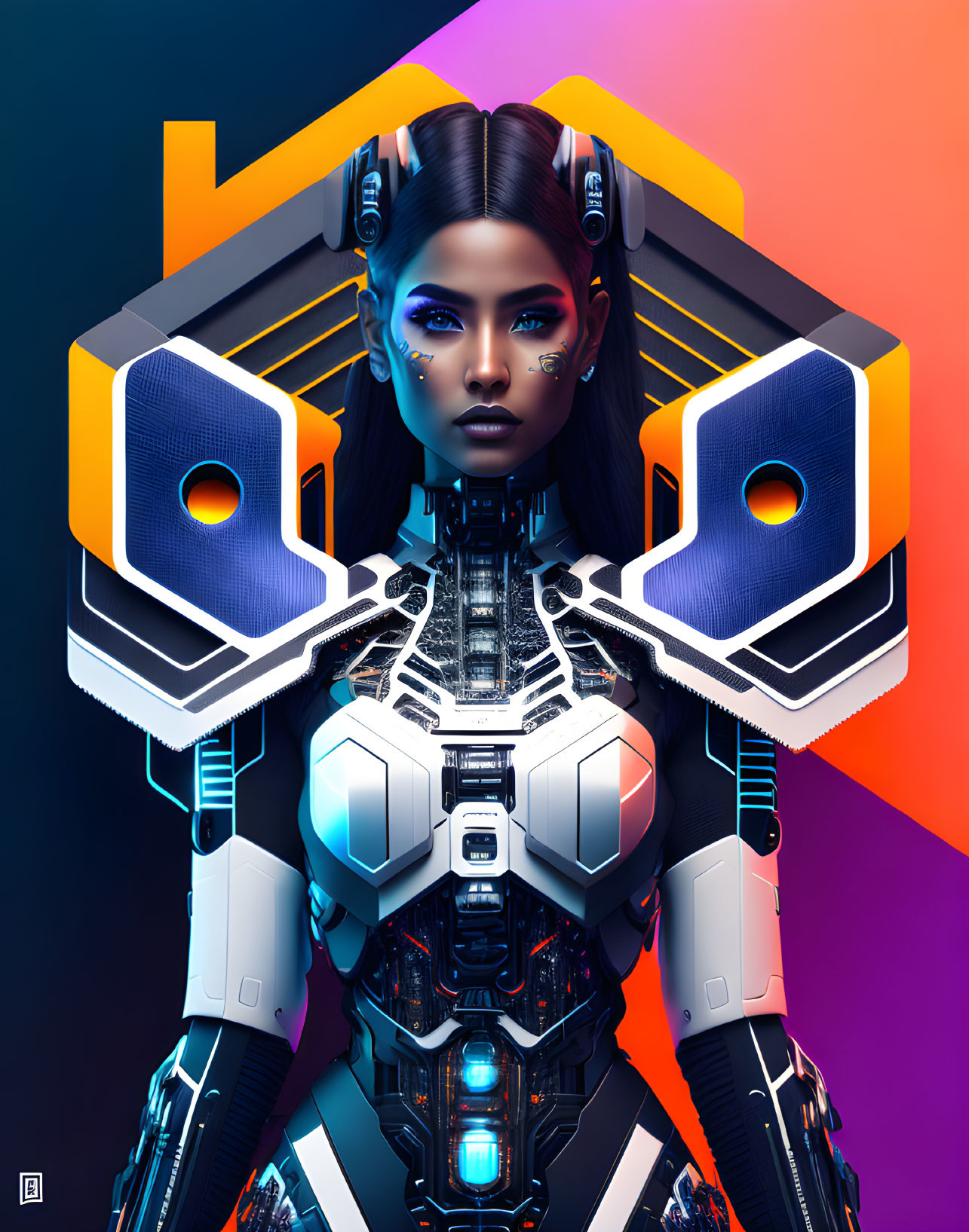 Futuristic female cyborg portrait with intricate armor on colorful geometric backdrop