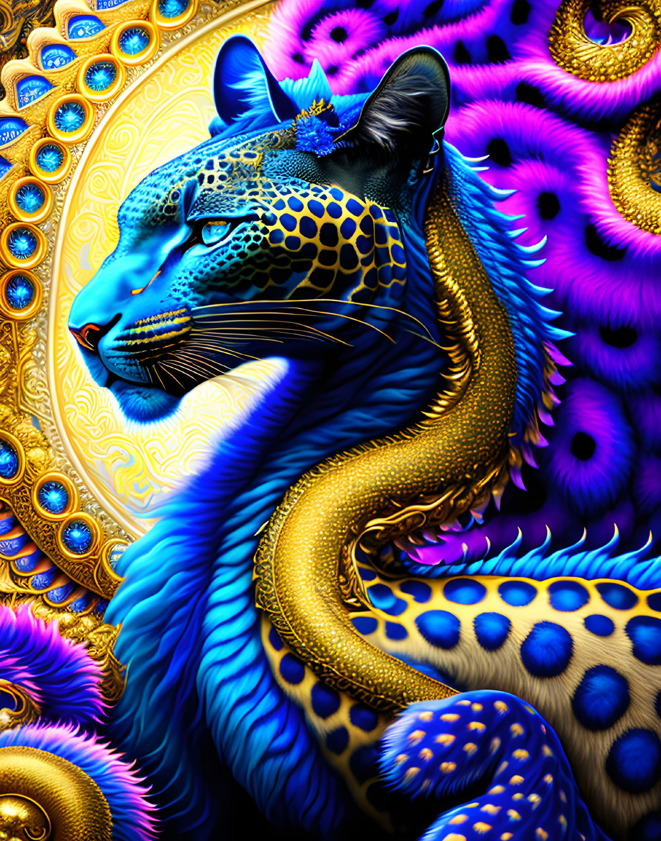 Colorful Digital Art: Blue Leopard with Detailed Patterns on Golden and Purple Background