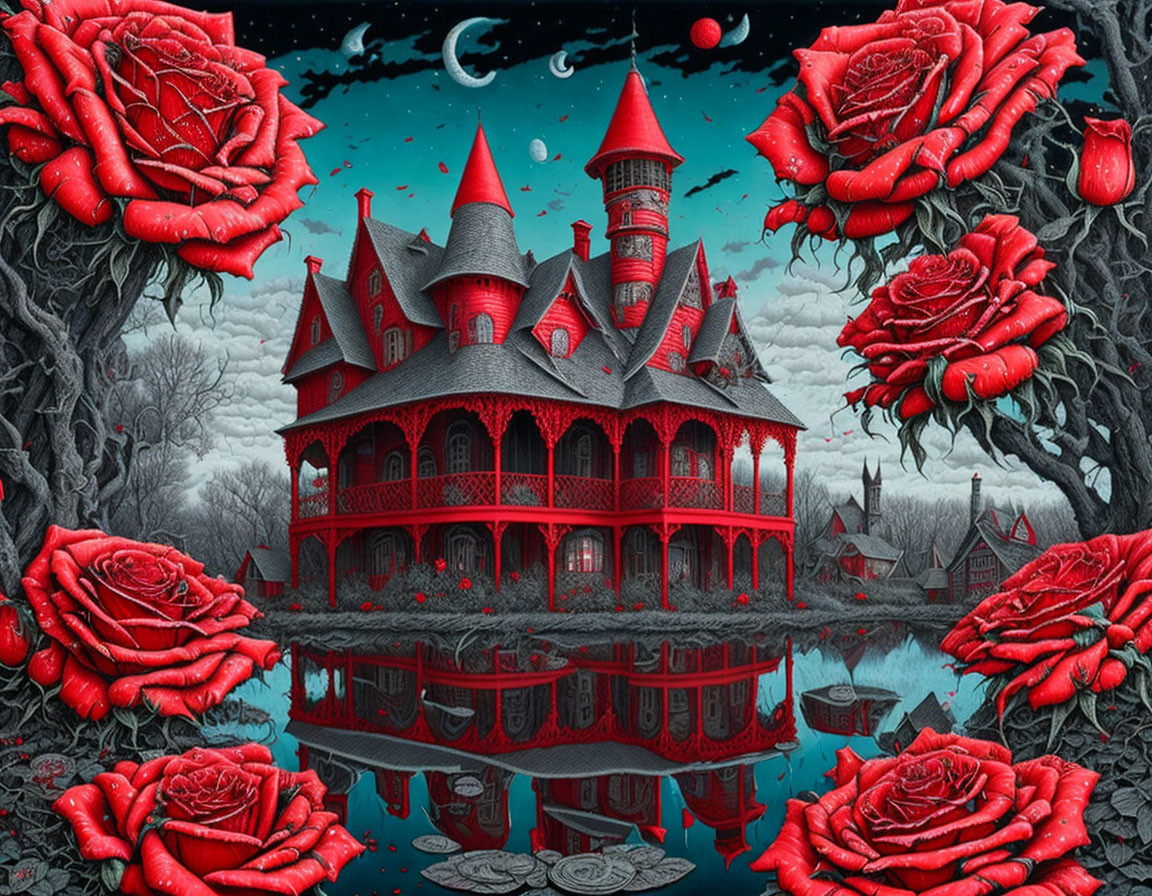 Gothic mansion with red roses and dark trees by a lake